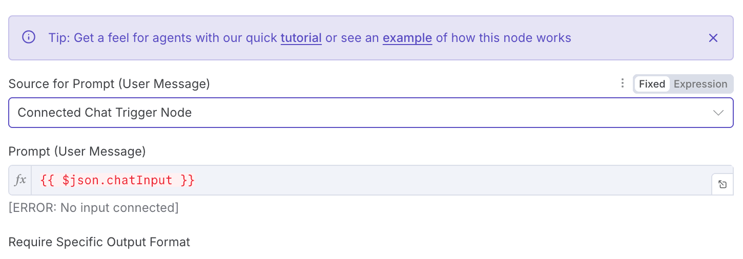 n8n AI Agent configuration interface showing prompt setup with blue information banner at top, dropdown for 'Connected Chat Trigger Node' as message source, expression field containing '{{ $json.chatInput }}' in red text.