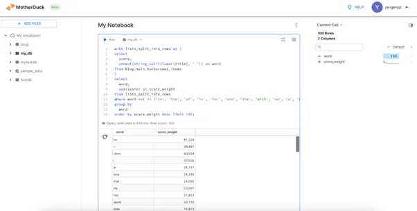 Result 3: This image shows a screenshot of the MotherDuck UI, where one of the queries used earlier has been run