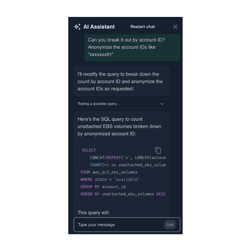 CloudQuery AI working through the answer to the question posed