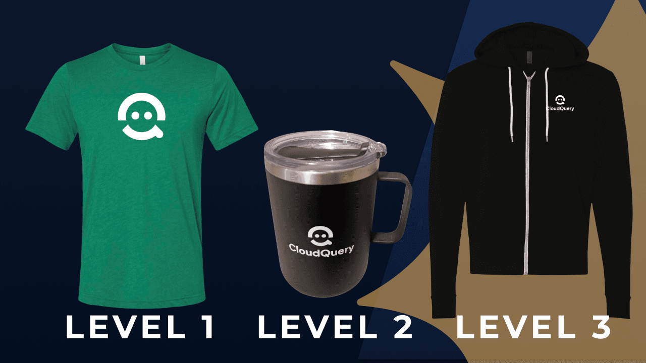 Three CloudQuery contest prize levels: teal t-shirt for Level 1, black branded mug for Level 2, and black zip hoodie for Level 3