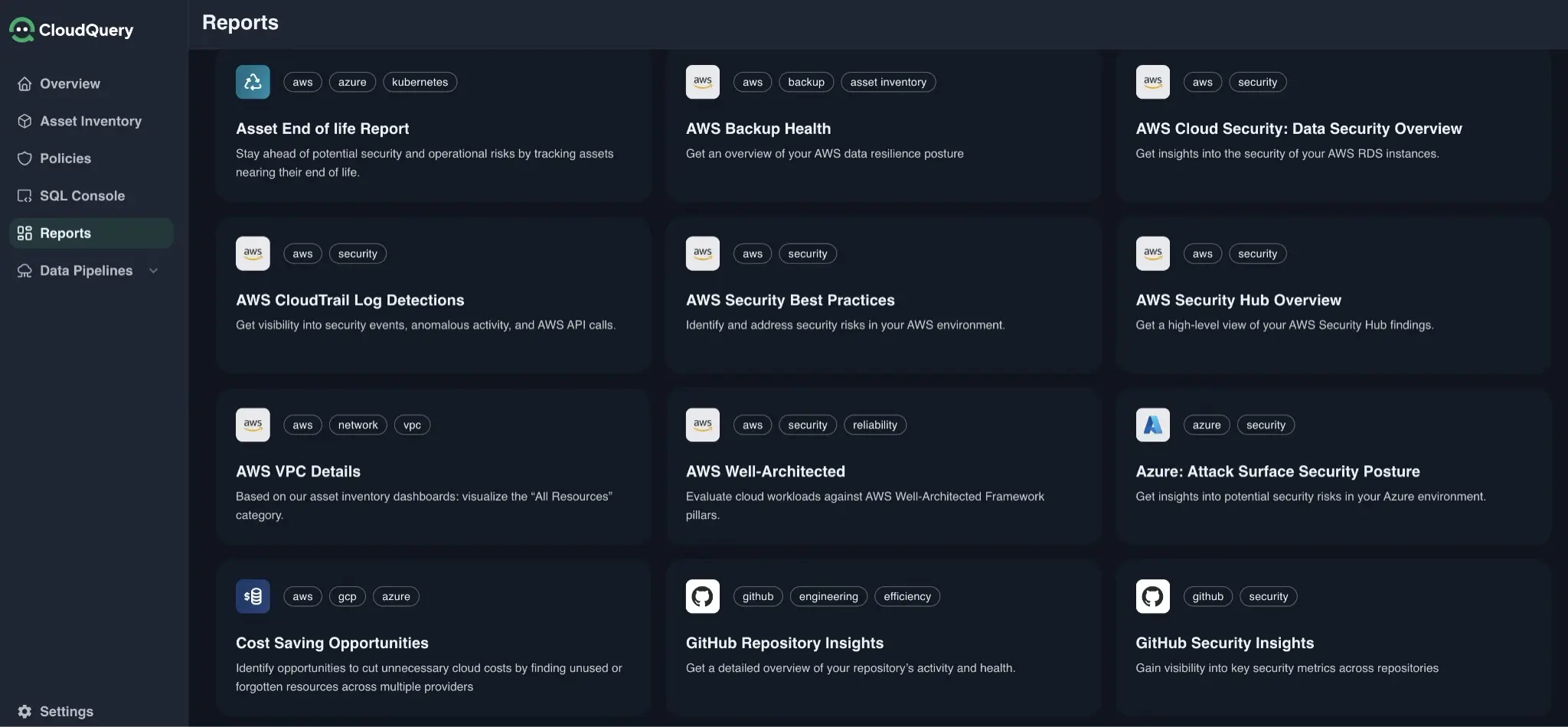 A screenshot from the CloudQuery platform showing some of the reports that are available out of the box.