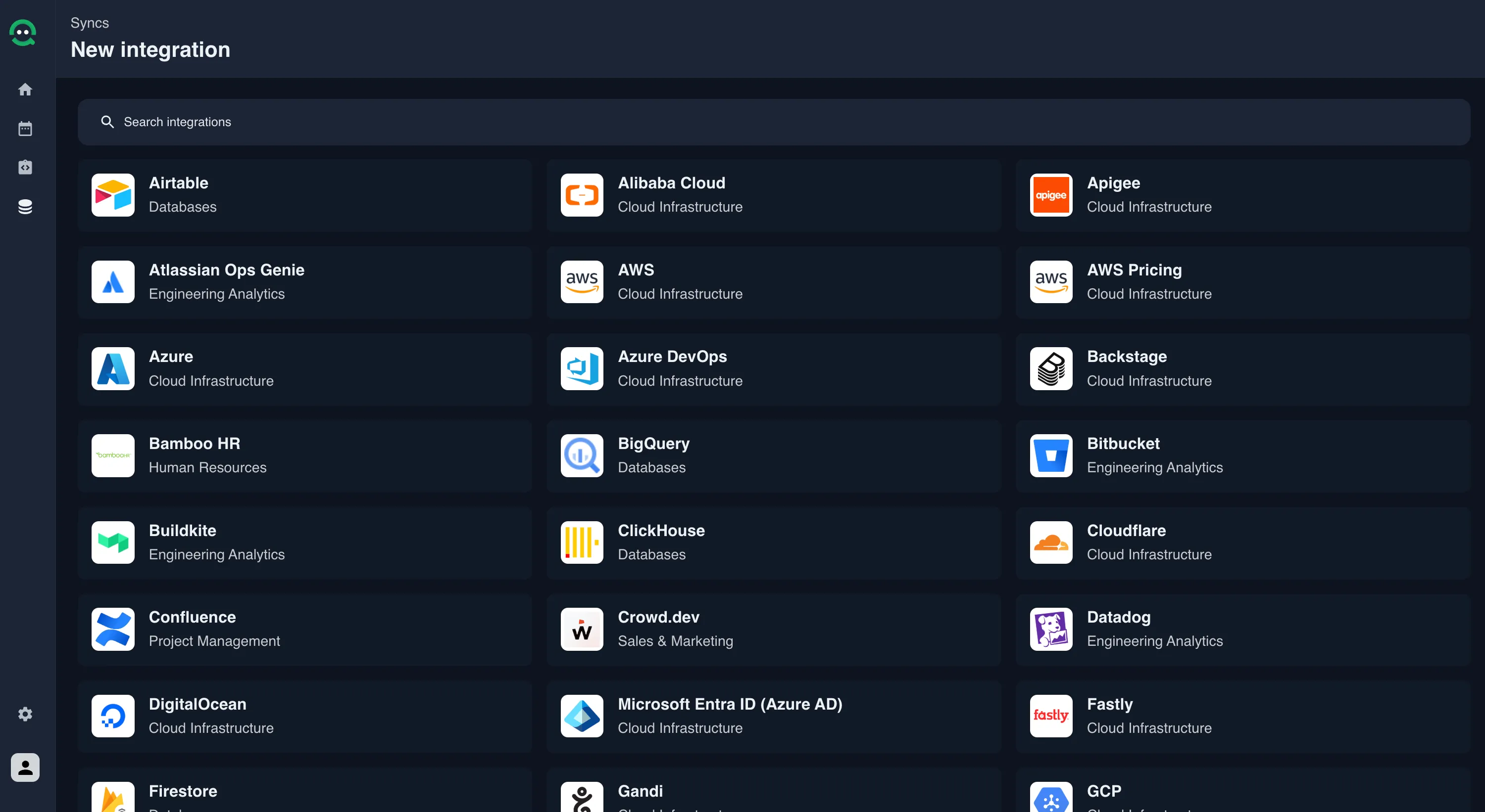 A screenshot from the CloudQuery platform showing the ‘New Integration’ page. The interface features a searchable list of integrations, including popular services like Airtable, Alibaba Cloud, AWS, Azure, Bamboo HR, and more. Each integration is categorized under labels such as ‘Cloud Infrastructure,’ ‘Engineering Analytics,’ and ‘Databases,’ highlighting the platform’s extensive support for diverse tools.