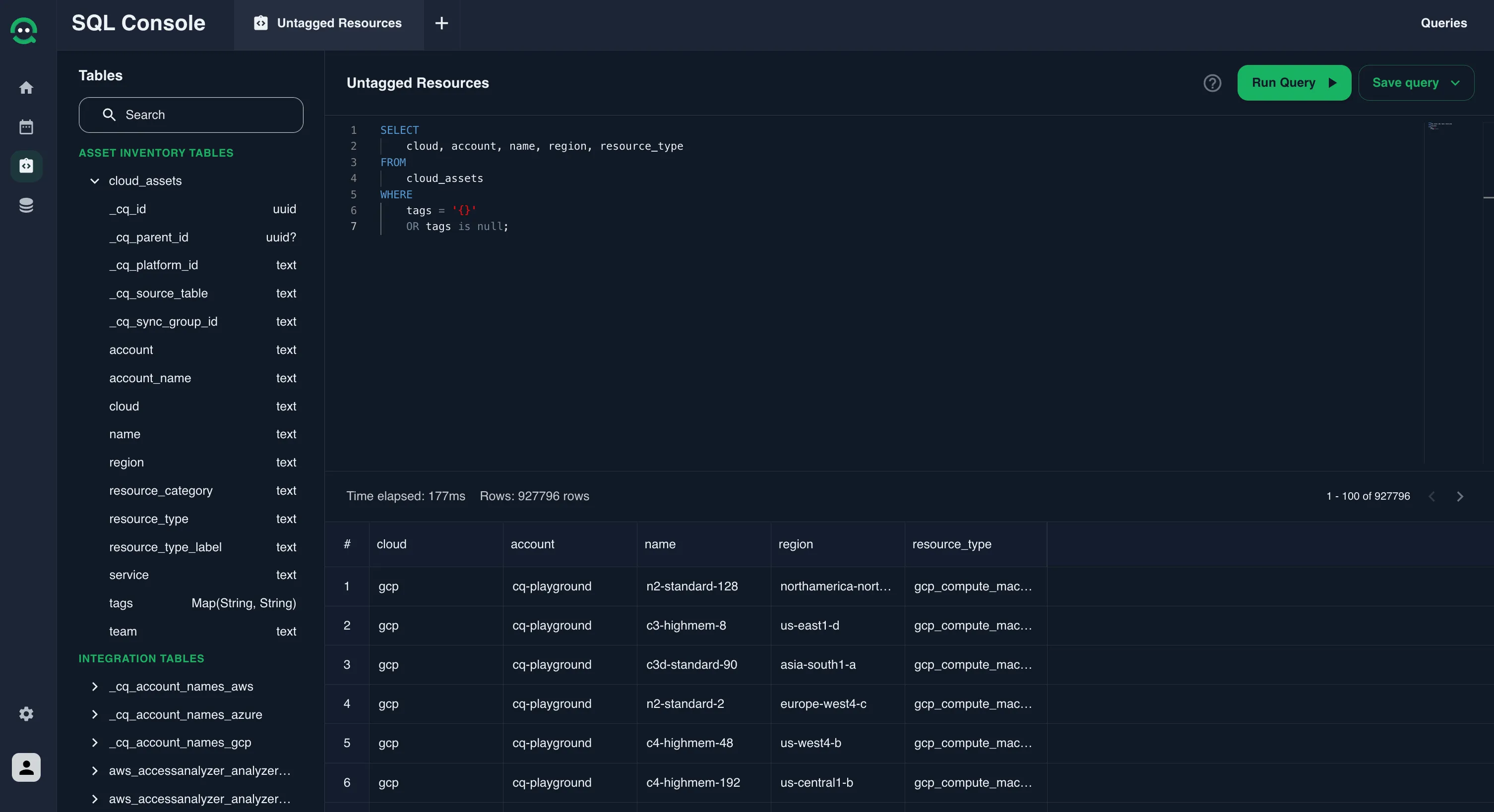 A screenshot from the CloudQuery platform displaying the SQL Console interface. The left panel shows a list of available tables, including ‘cloud assets’ under ‘Asset Inventory Tables,’ with columns such as ‘account,’ ‘cloud,’ ‘name,’ and ‘tags.’ The main panel displays a query for identifying untagged resources, with results listed below showing details like cloud provider, account, name, region, and resource type.