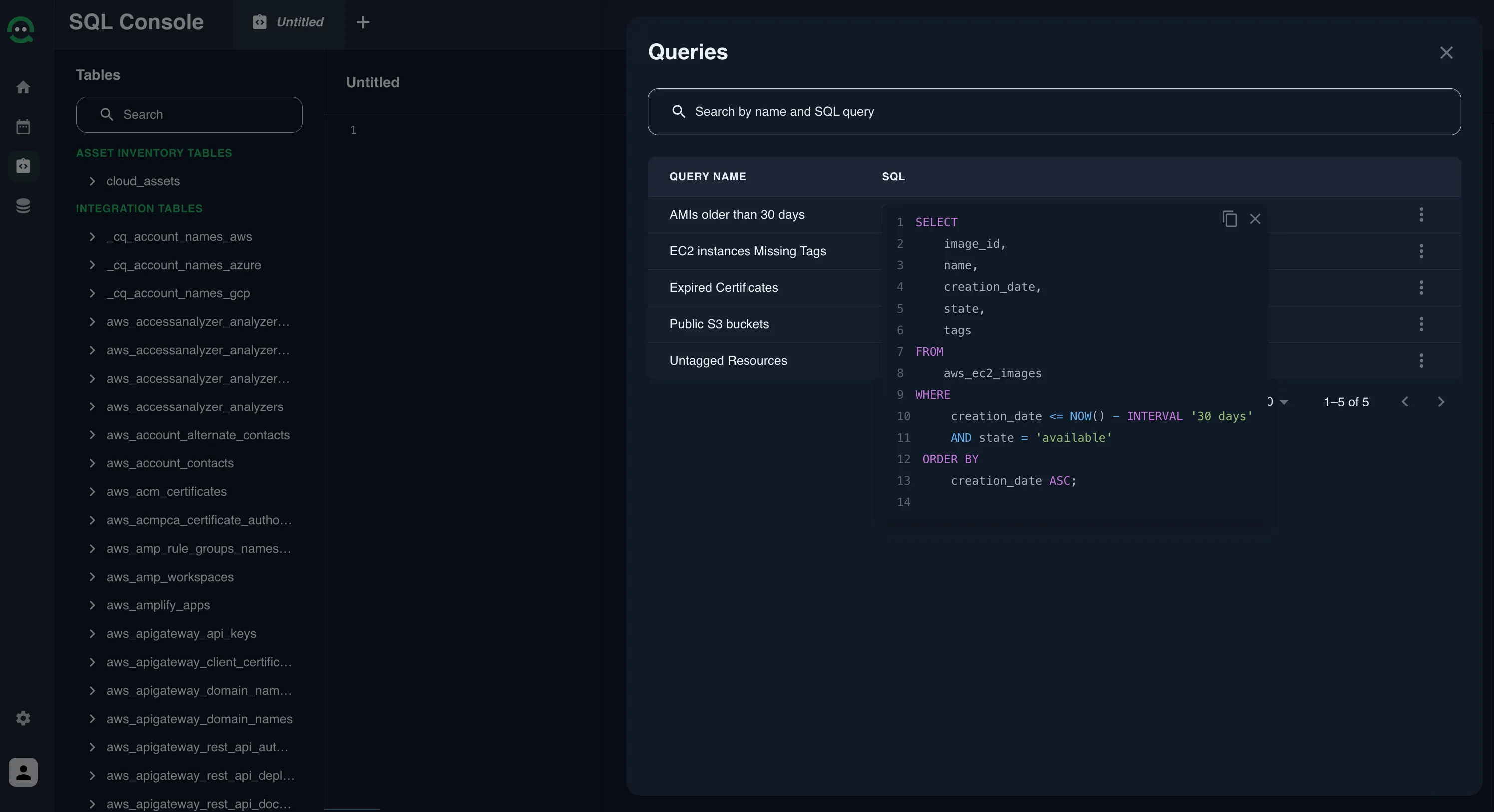 Screenshot of the CloudQuery SQL Console showing saved queries like ‘AMI older than 30 days’ and integration tables. A query filters data by creation date and state, with a search bar for finding queries.