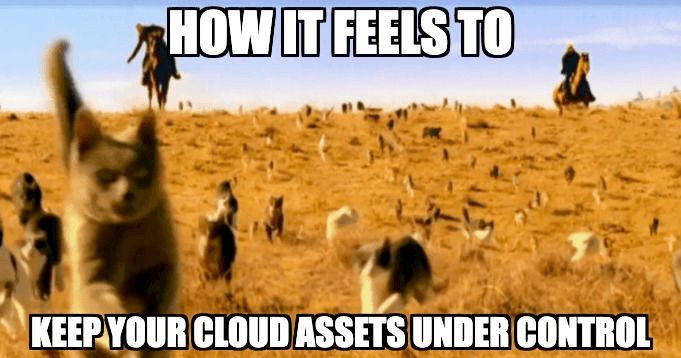 A meme showing cowboys on horseback attempting to herd a massive clowder of cats. The text reads, “HOW IT FEELS TO KEEP YOUR CLOUD ASSETS UNDER CONTROL.”