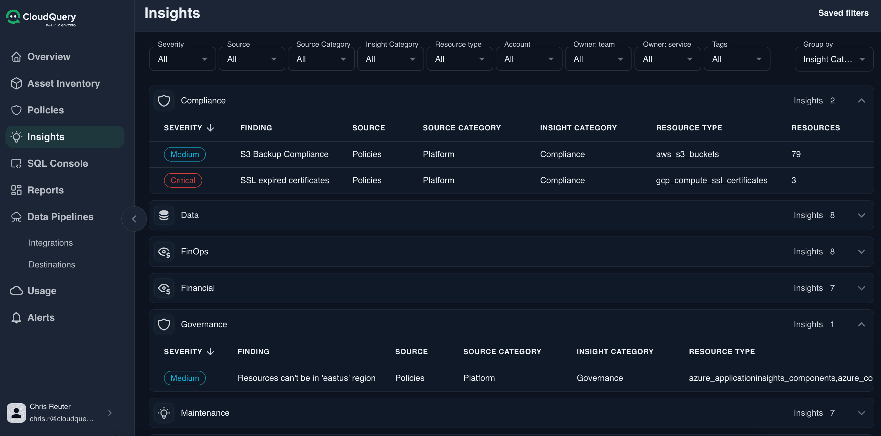 CloudQuery Insights dashboard showing correlated signals across cloud resources