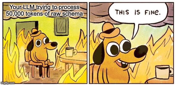 Meme showing the ‘This is fine’ dog sitting calmly in a room on fire. Caption added: ‘Your LLM trying to process 50,000 tokens of raw schema.’ Dog says ‘This is fine’.