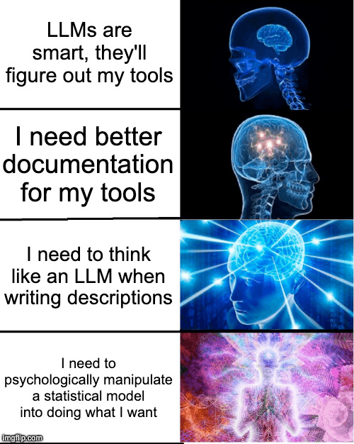 Meme with four panels of an expanding brain, each representing increasing realization about tool descriptions: Top: ‘LLMs are smart, they’ll figure out my tools.’ Second: ‘I need better documentation for my tools.’ Third: ‘I need to think like an LLM when writing descriptions.’ Bottom: ‘I need to psychologically manipulate a statistical model into doing what I want.’