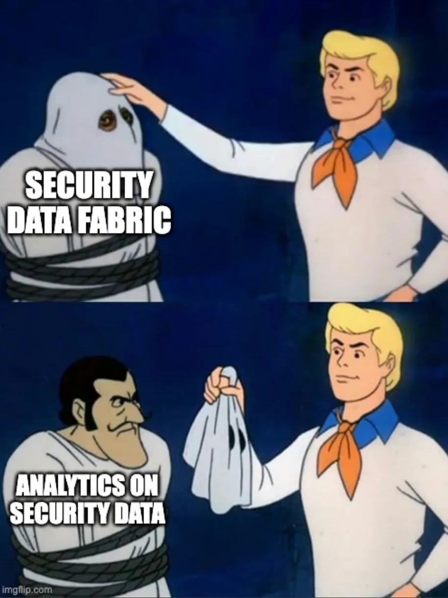 A meme featuring two panels from a Scooby-Doo cartoon. In the top panel, Fred is pulling the mask off a villain labeled ‘Security Data Fabric.’ In the bottom panel, the unmasked villain is revealed to be another character labeled Analytics on security data.