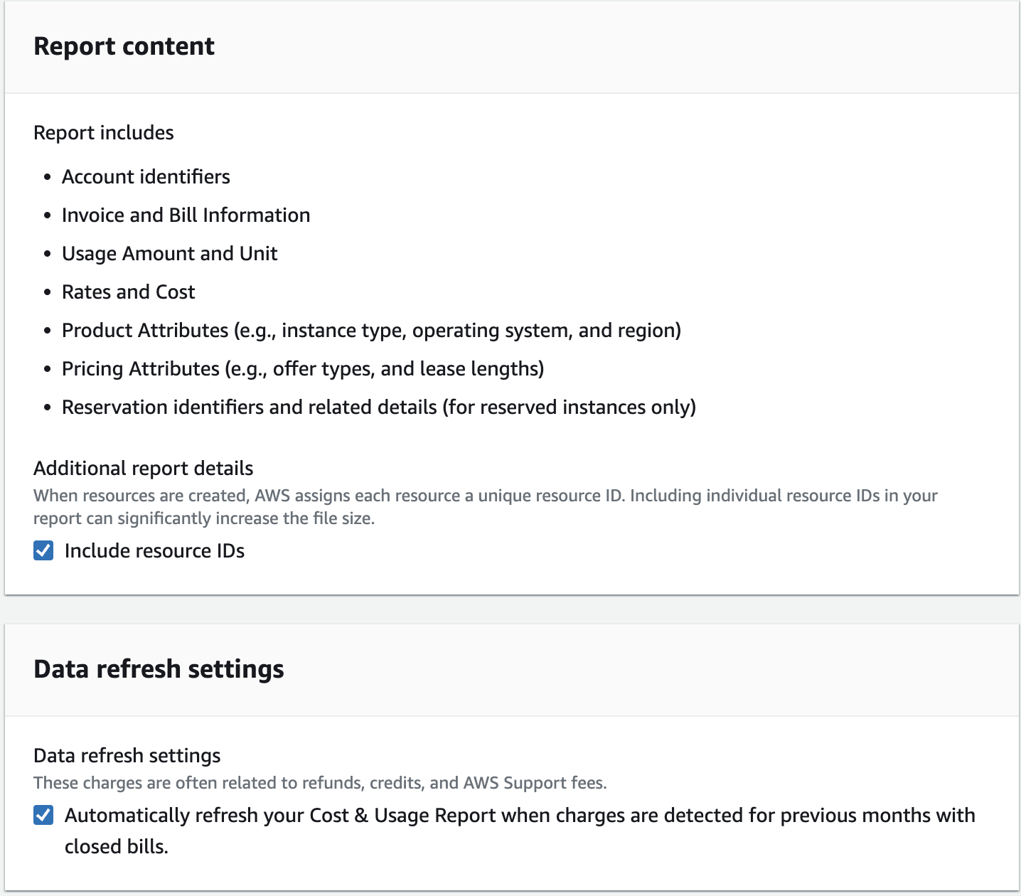 Report Content Options for Resource IDs and Data Refresh