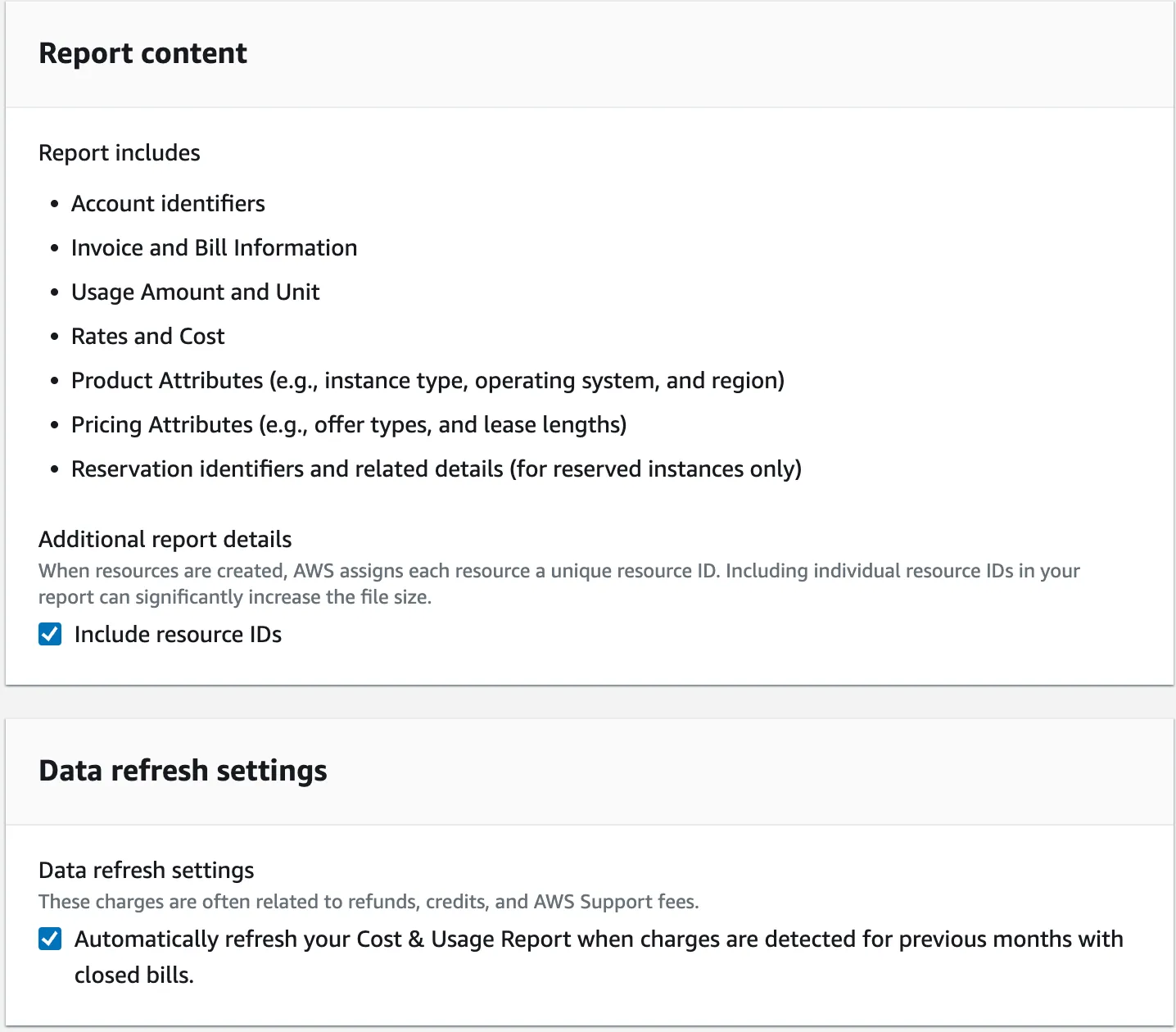 Report Content Options for Resource IDs and Data Refresh