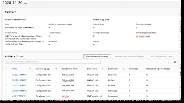 A screenshot showing the AWS Audit Manager Interface