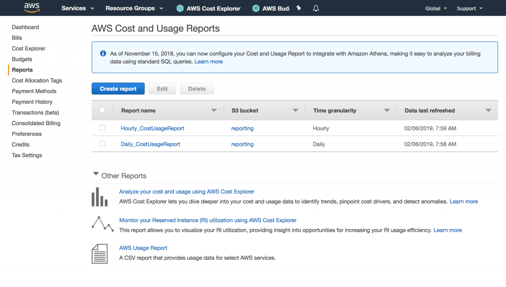 A screenshot of AWS Cost and Usage Report
