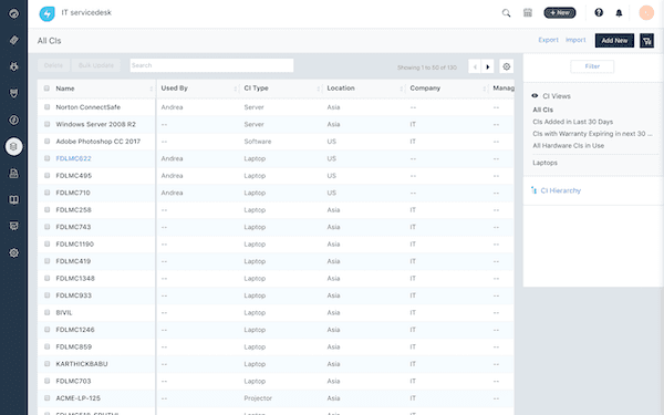 A screenshot showing the Freshservice CMDB interface