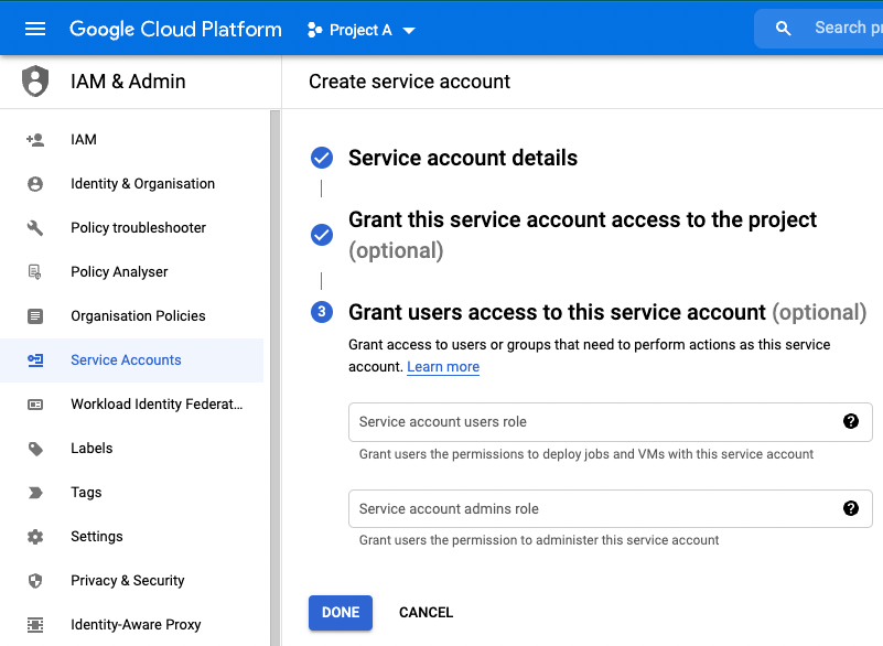 Grant specific users access to the service account, this is optional
