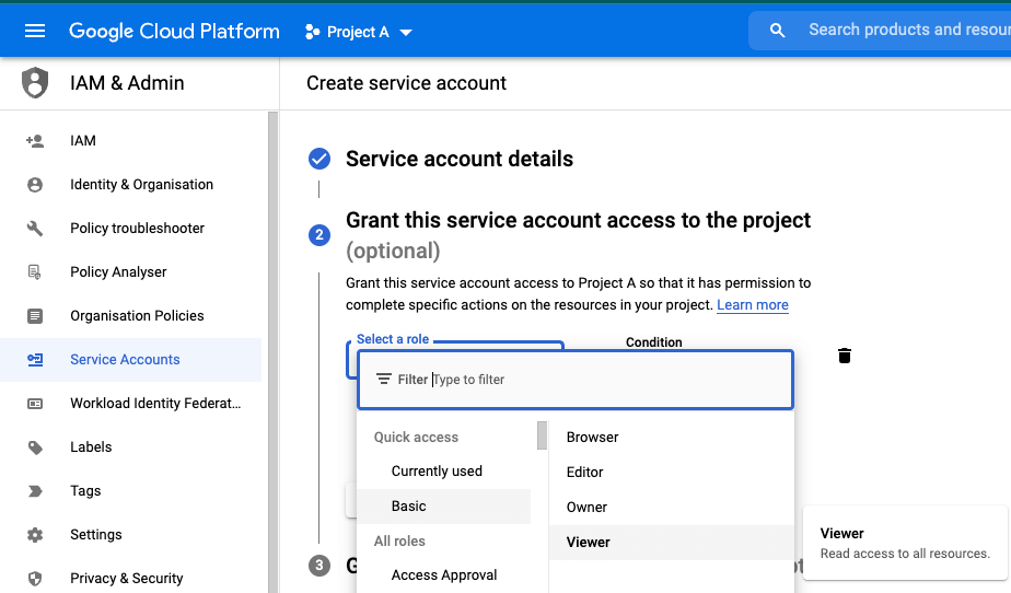 Select the level of permissions for the service account
