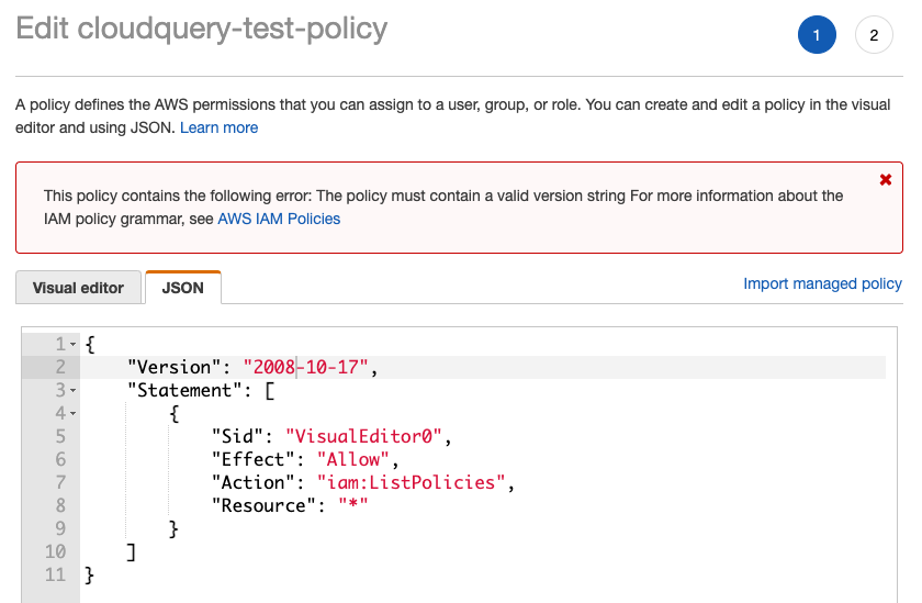 AWS Console Message for Policy Version
