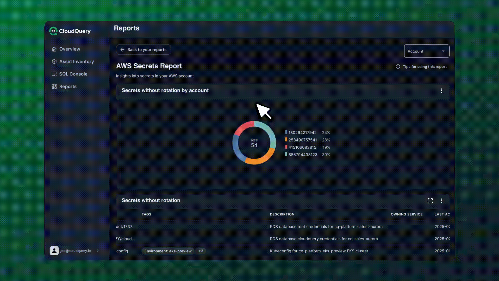Visualizing risk at a glance. CloudQuery’s AWS Secrets Report shows which secrets haven’t been rotated, grouped by account. Quickly identify exposed credentials, investigate unused secrets, and tighten access with actionable insights.