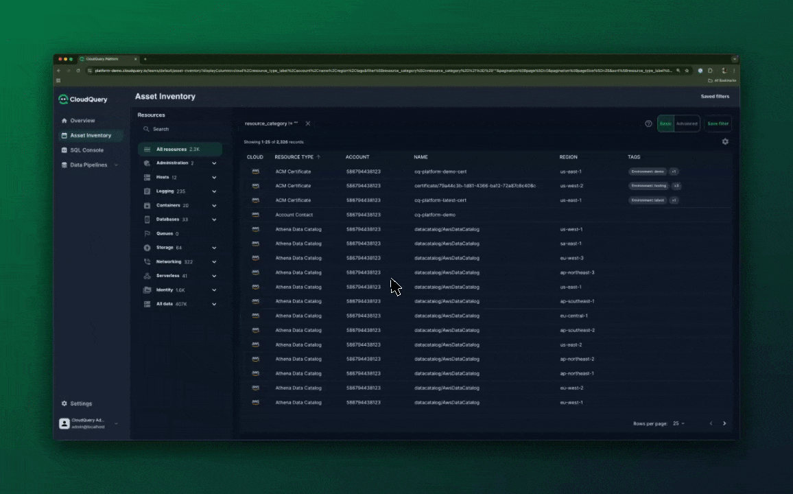 Screenshot of CloudQuery’s Asset Inventory dashboard displaying cloud resources across AWS, GCP, and Azure.