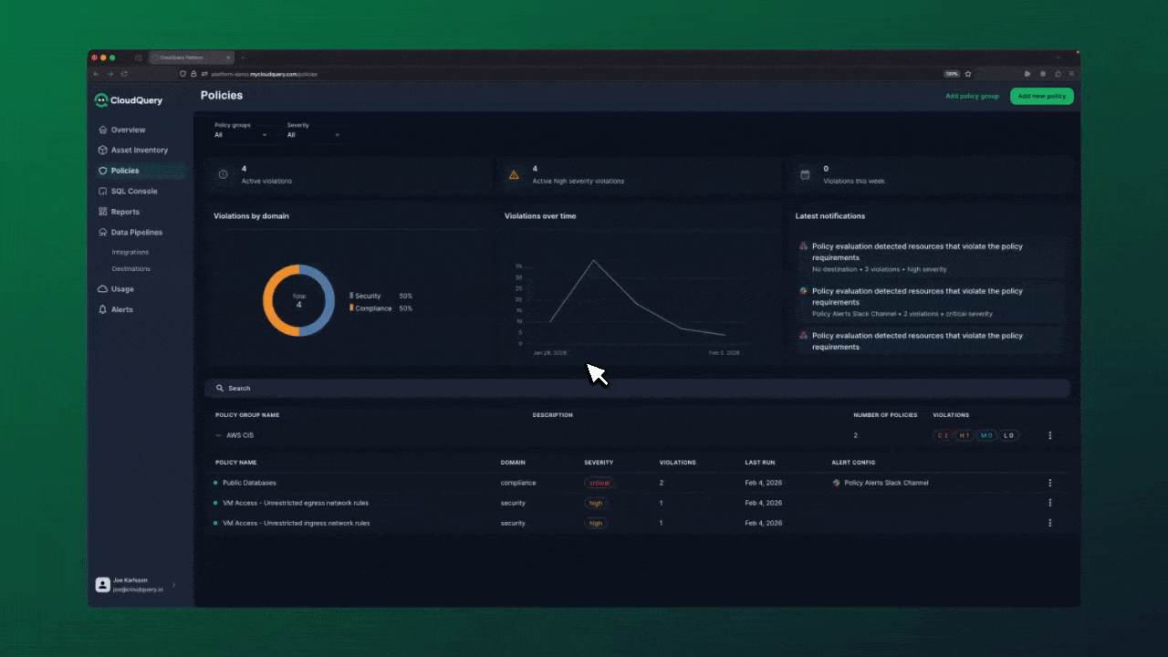Walkthrough demo showing how to create, configure, and monitor policies in the CloudQuery Platform
