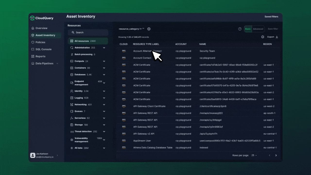 Animated demo showcasing CloudQuery’s new custom columns feature, which allows enrichment of your cloud asset inventory with any data source.