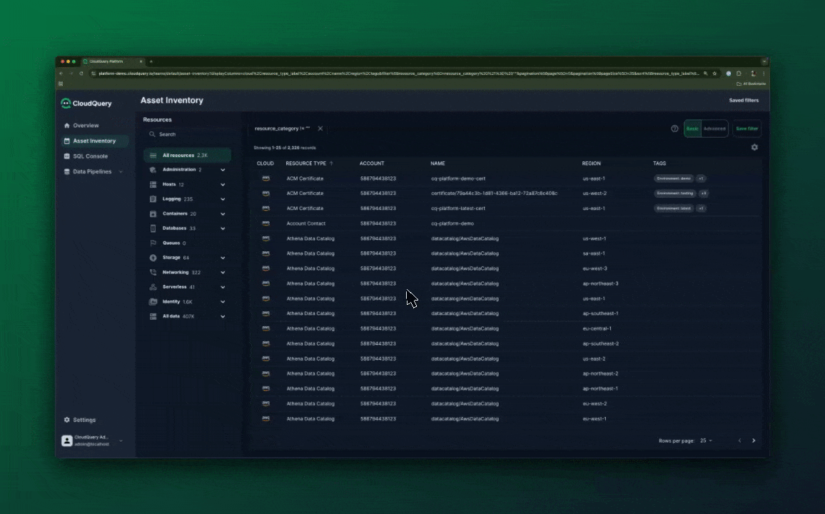 The CloudQuery platform displaying the Asset Inventory dashboard. The interface lists various cloud resources, including AWS ACM Certificates and Athena Data Catalogs, along with details such as account numbers, resource names, regions, and tags. 