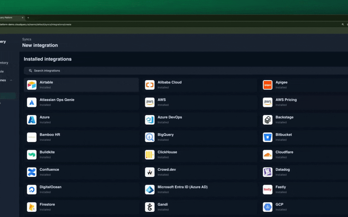 CloudQuery platform interface showing the “New Integration” page. The interface lists various installed integrations, including Airtable, AWS, Azure, BigQuery, Cloudflare, and Datadog. The user scrolls through the list, highlighting the wide range of supported cloud services and third-party tools.