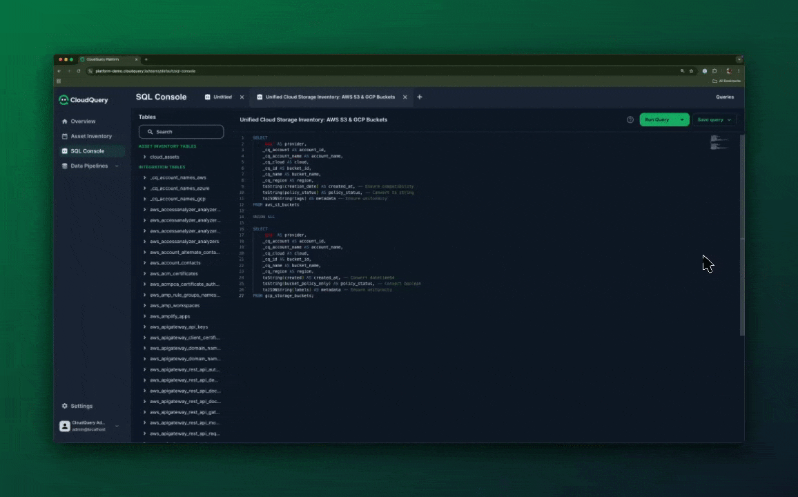 The CloudQuery SQL Console, where a user executes queries to analyze cloud storage data, the execute a query titled “Unified Cloud Storage Inventory: AWS S3 & GCP Buckets.” The left sidebar lists available asset inventory tables and integration tables from various cloud providers like AWS and GCP. The SQL code retrieves storage bucket details, including account IDs, bucket names, regions, and policy statuses.