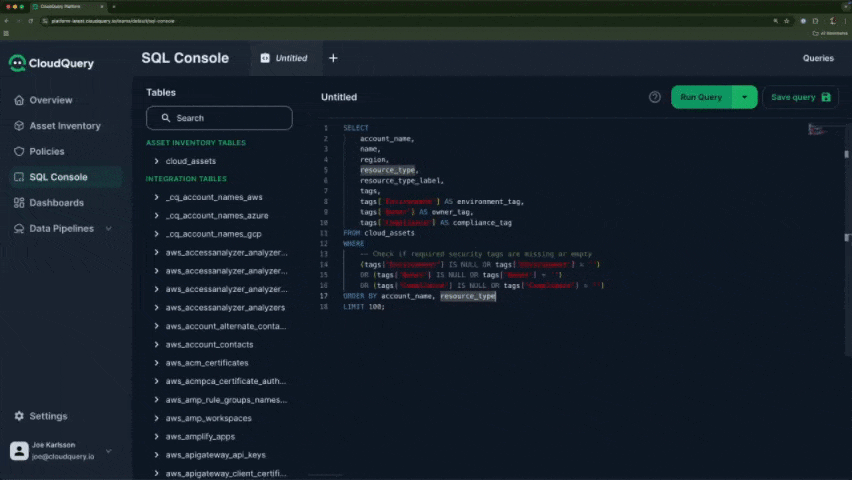 CloudQuery auditing cloud security tags for compliance and security.