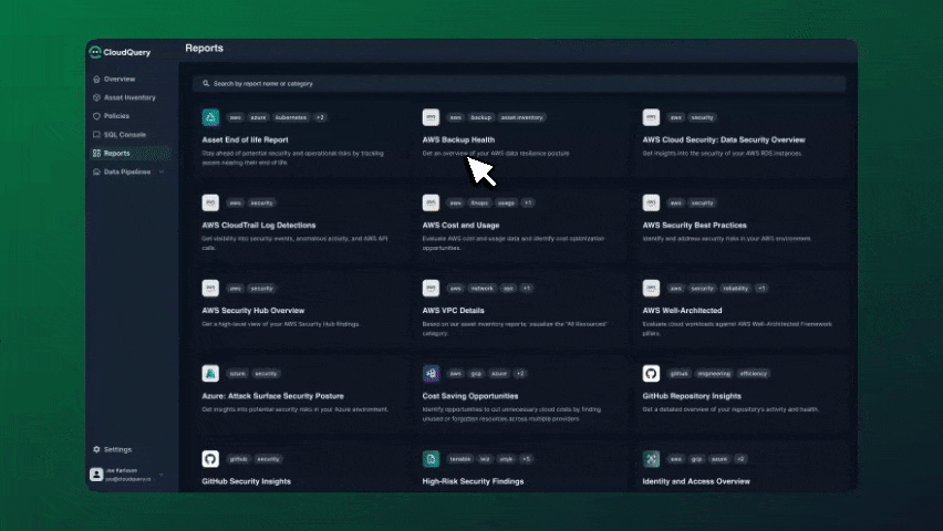 CloudQuery Reports interface showing a categorized dashboard of cloud security and cost reports. The user hovers over options like ‘AWS Backup Health’ and ‘Asset End of Life Report’, each providing insights into cloud environments such as backup status, resource lifecycle, and cost optimization.