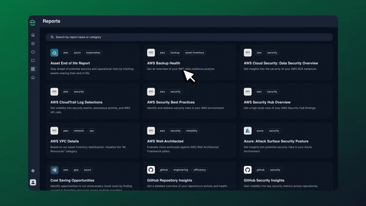 CloudQuery Reports dashboard showing multiple cloud monitoring cards including Asset End of Life Report, AWS Backup Health, AWS Cloud Security, CloudTrail Log Detections, Security Best Practices, Security Hub Overview, VPC Details, Well-Architected, Azure Attack Surface, Cost Saving Opportunities, and GitHub Repository and Security Insights.