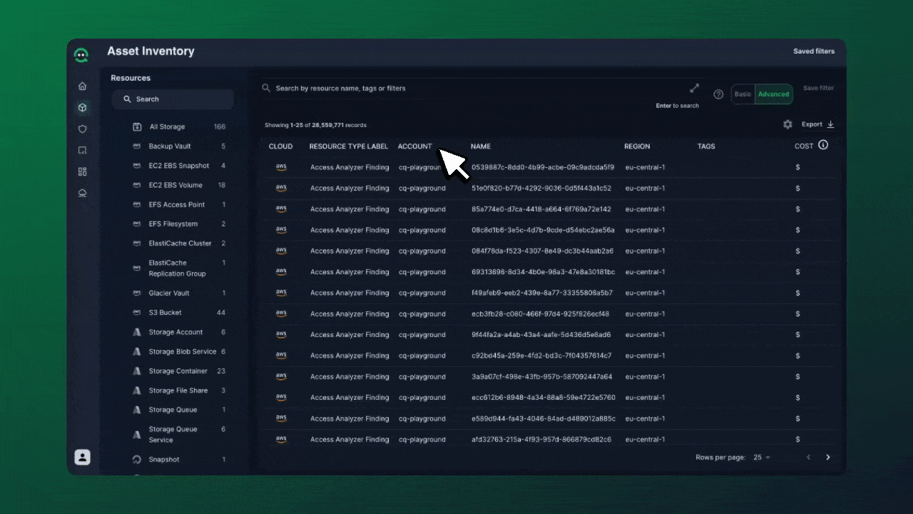 Demo of CloudQuery’s full-text search, highlighting instant querying across millions of cloud asset records within the asset inventory.