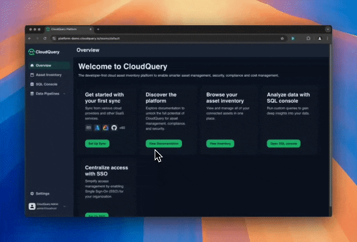 A tour of the Cloud Asset Inventory in the CloudQuery platform.